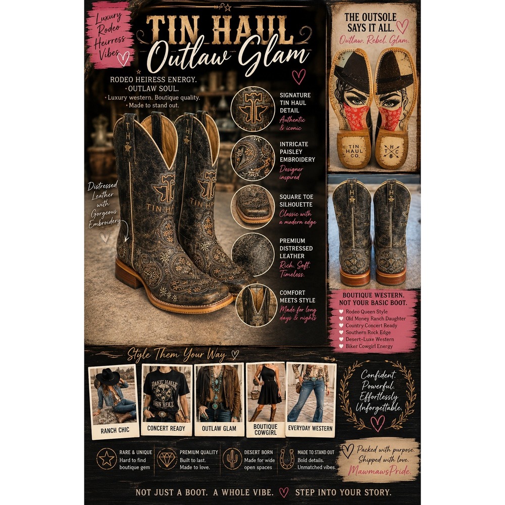 Tin Haul Outlaw Glam Distressed Leather Paisley Embroidered Cowboy Boots size 7